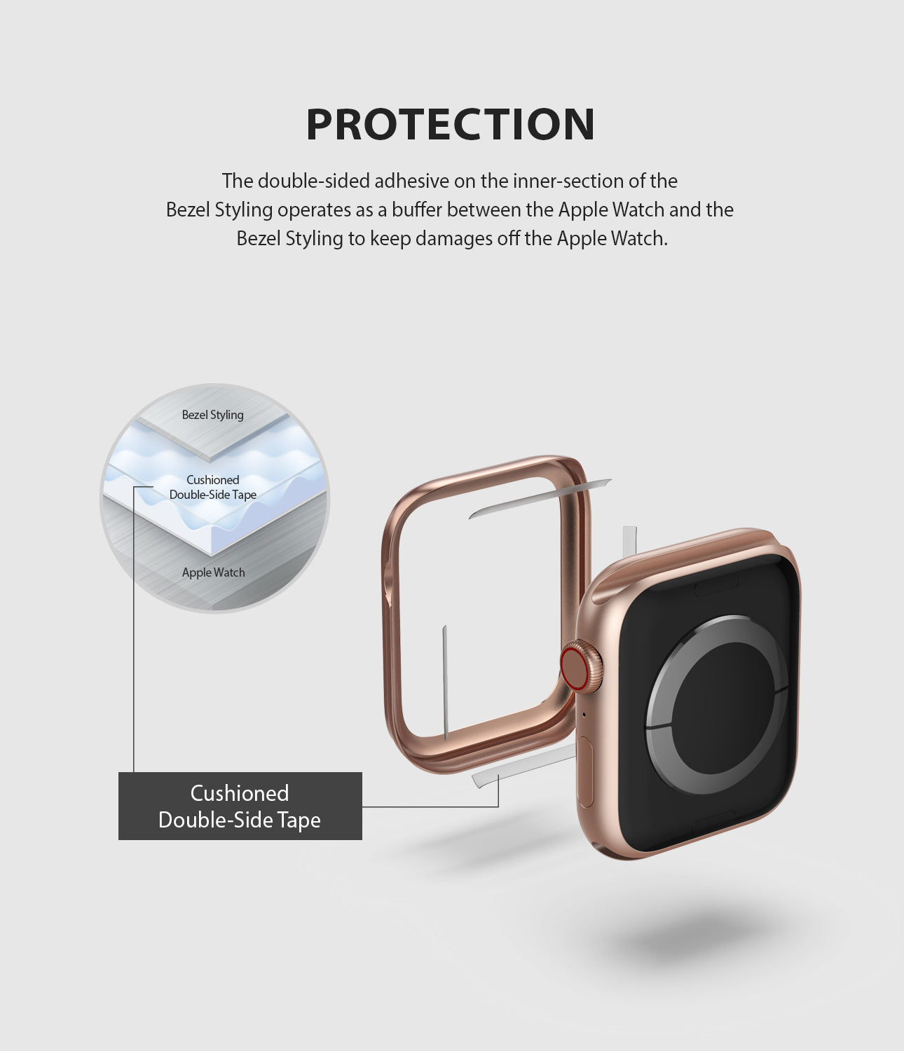 Apple Watch Series 6 / 5 / 4 / SE (44mm) | Premium Bezel Styling H - Diagram showing adhesive tape between watch and bezel.