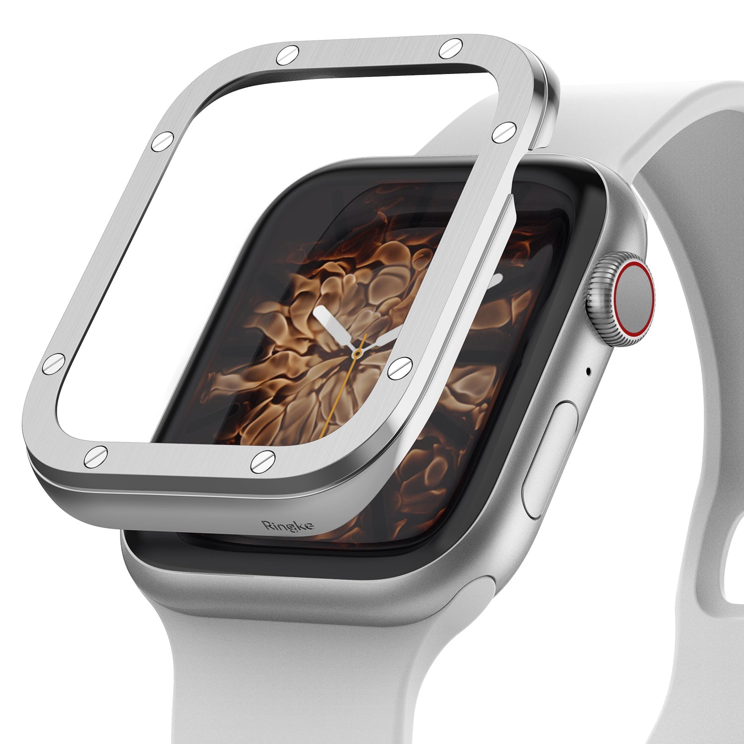 Apple Watch Series 6 / 5 / 4 / SE (44mm) | Premium Bezel Styling H - Silver metallic bezel accessory hovering over an Apple Watch.