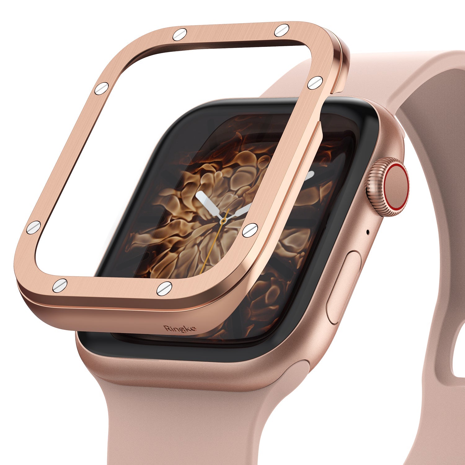 Apple Watch Series 6 / 5 / 4 / SE (44mm) | Premium Bezel Styling H - Rose gold bezel accessory hovering over an Apple Watch.