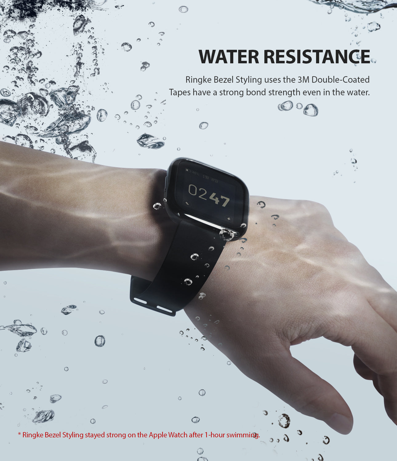 Fitbit Versa 2 | Bezel Styling 42 - A smartwatch with a bezel accessory submerged in water with bubbles surrounding the wrist.