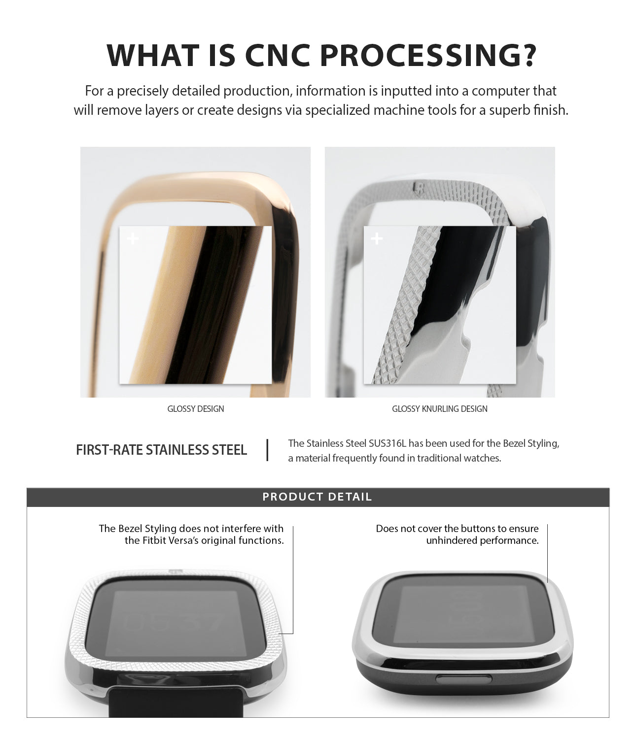 Fitbit Versa 2 | Bezel Styling 42 - Infographic showing CNC-machined stainless steel watch bezels with glossy and knurled textures.