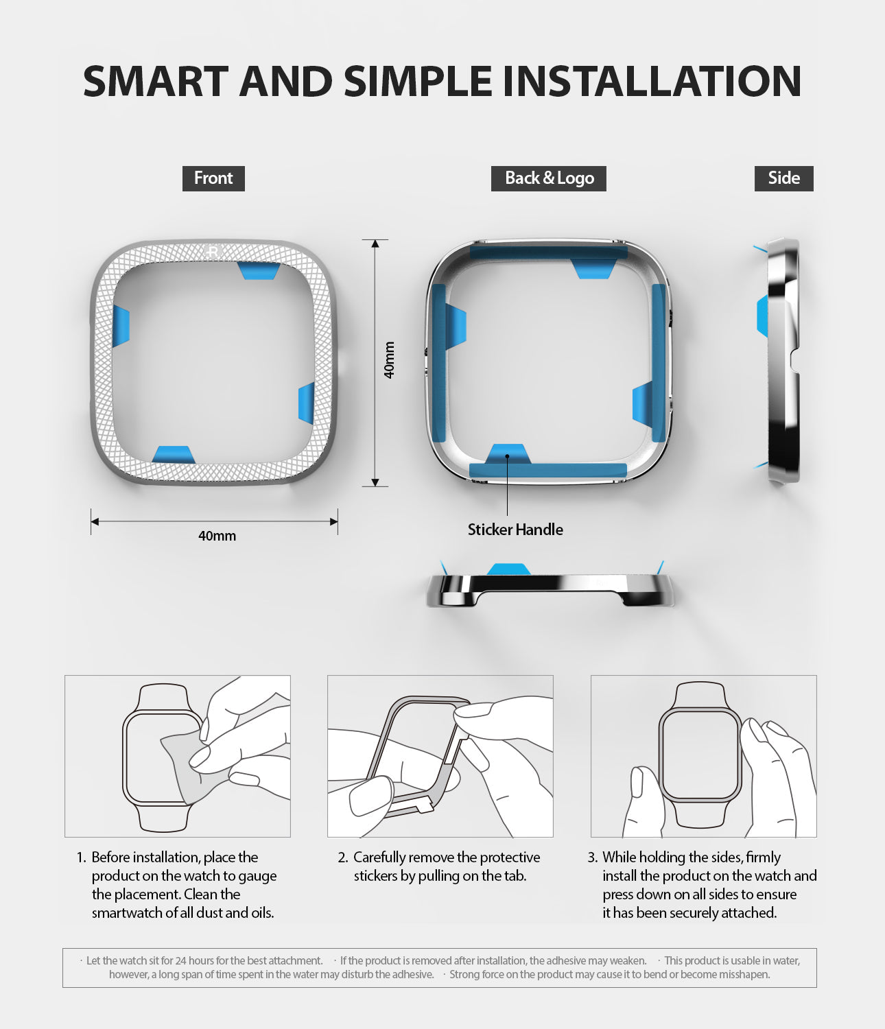 Fitbit Versa 2 | Bezel Styling 42 - Three-step installation guide for a smartwatch bezel cover with dimensions and diagrams.