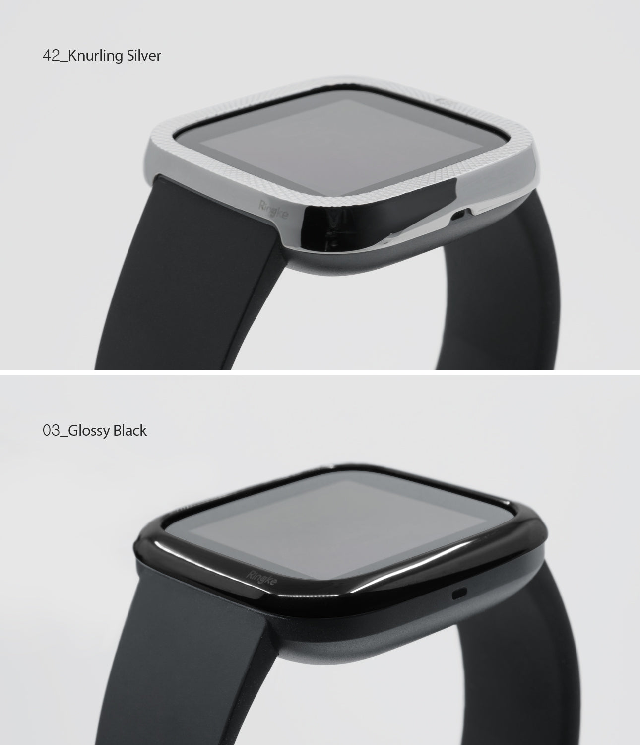 Fitbit Versa 2 | Bezel Styling 42 - Two Fitbit Versa 2 watches with knurled silver and glossy black Ringke bezel covers.