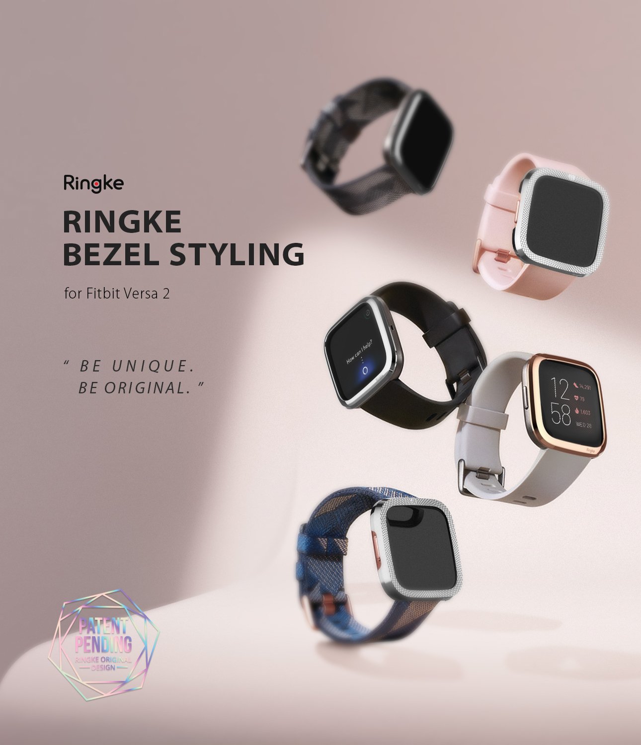 Fitbit Versa 2 | Bezel Styling 42 - Four Fitbit Versa 2 watches with various decorative bezels floating against a soft pink background.