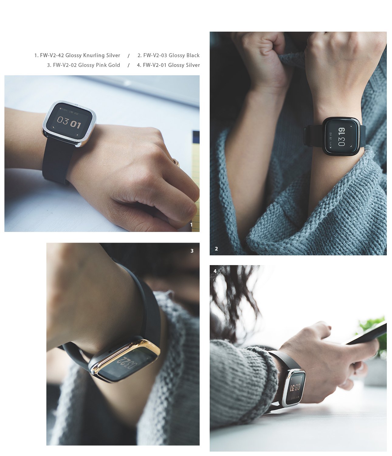 Fitbit Versa 2 | Bezel Styling 42 - Four close-up views of a Fitbit Versa 2 wearing different metallic adhesive bezel covers.