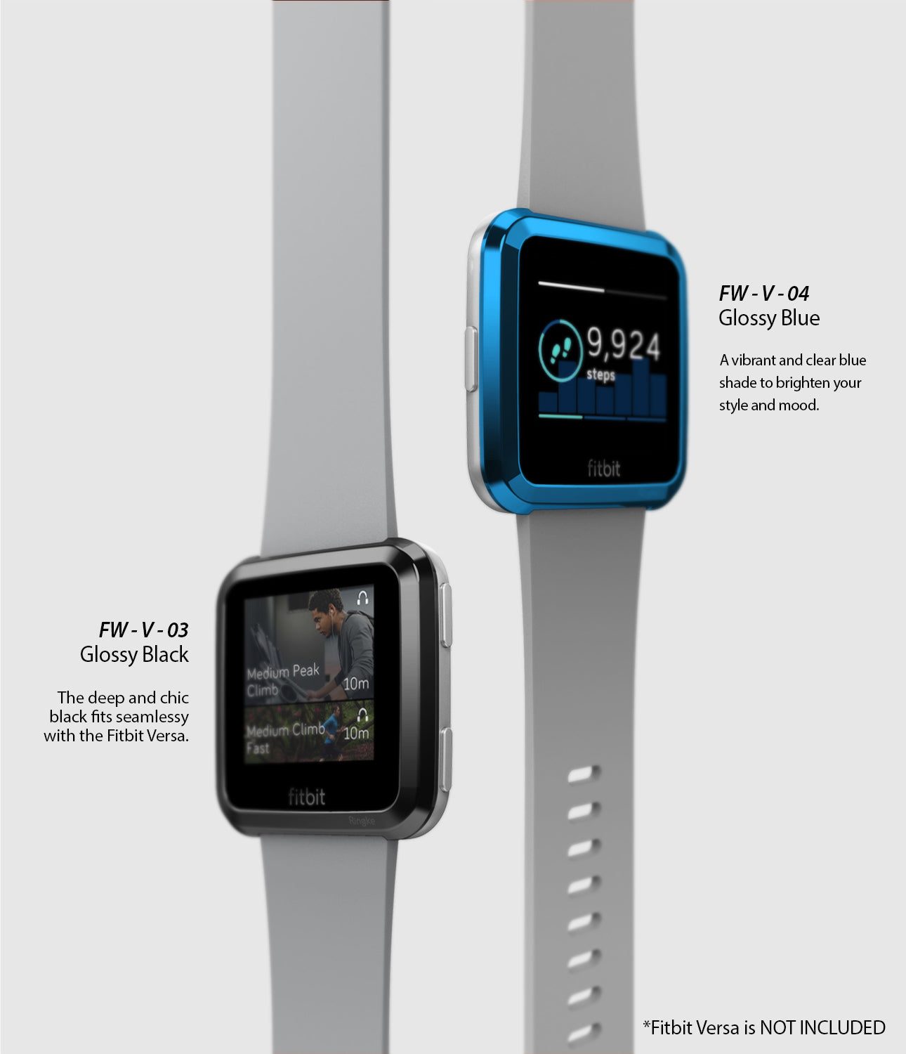Fitbit Versa | Bezel Styling 04 - Two Fitbit Versa watches with glossy blue and black protective bezel covers on gray bands.