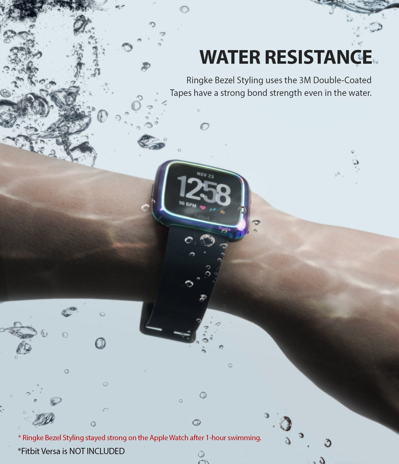 Fitbit Versa | Bezel Styling 03 - Iridescent bezel on a Fitbit Versa watch underwater with water droplets on the screen.