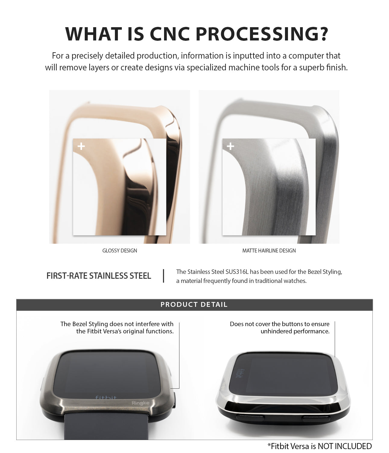 Fitbit Versa | Bezel Styling 04 - Comparison of glossy and matte stainless steel bezel designs for Fitbit Versa watches.