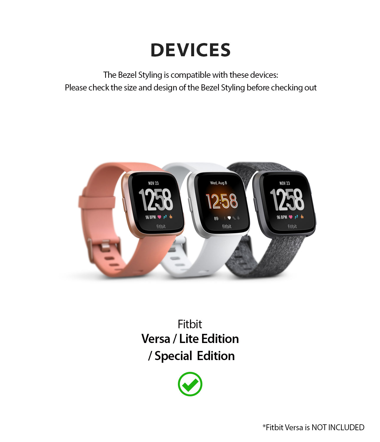 Fitbit Versa | Bezel Styling 04 - Three Fitbit Versa smartwatches in pink, white, and grey displayed against a white background.