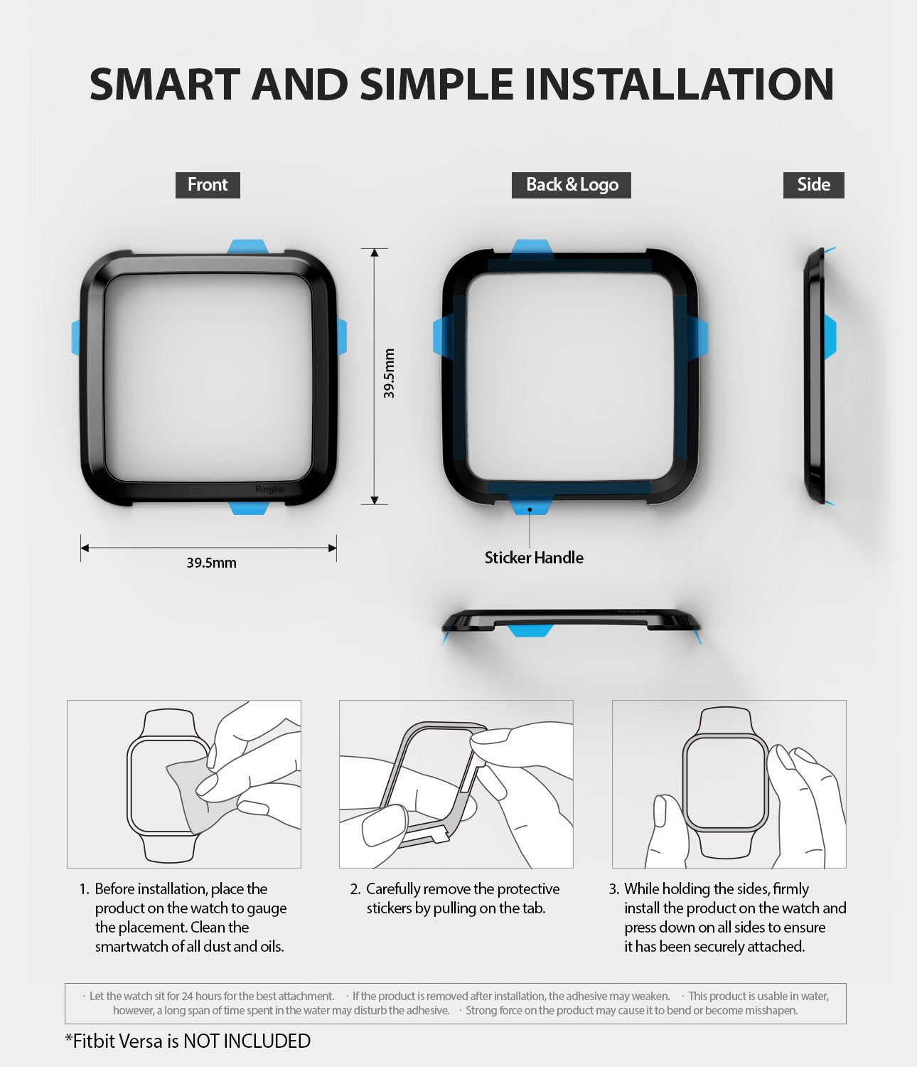 Fitbit Versa | Bezel Styling 03 - Diagram showing front, back, and side views of a watch bezel with installation instructions.