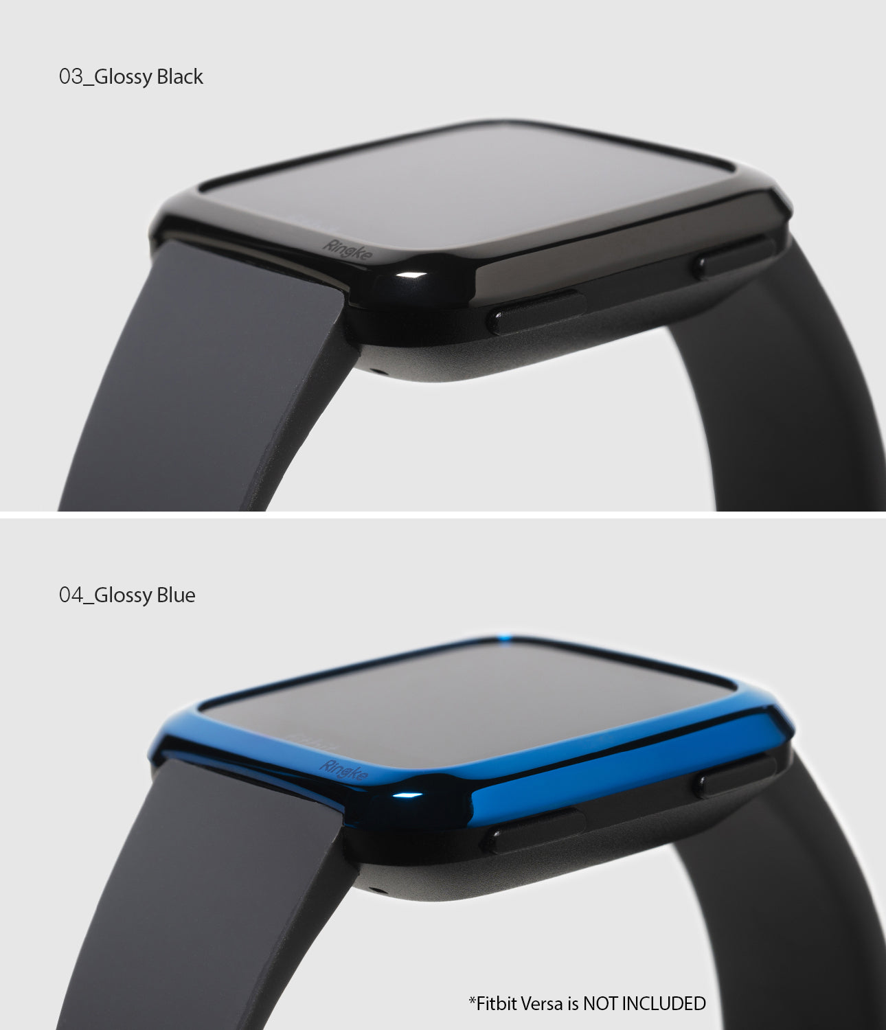 Fitbit Versa | Bezel Styling 04 - Two Fitbit Versa watches showing glossy black and glossy blue Ringke bezel styling covers.