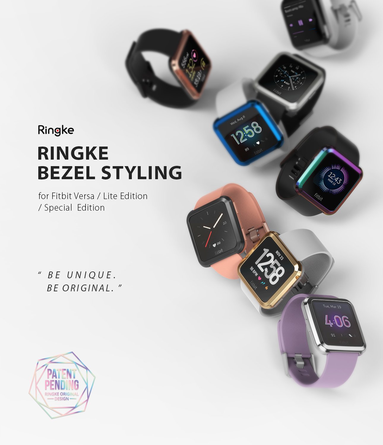 Fitbit Versa | Bezel Styling 03 - Multiple Fitbit Versa watches with colorful, metallic Ringke bezel covers on a white background.