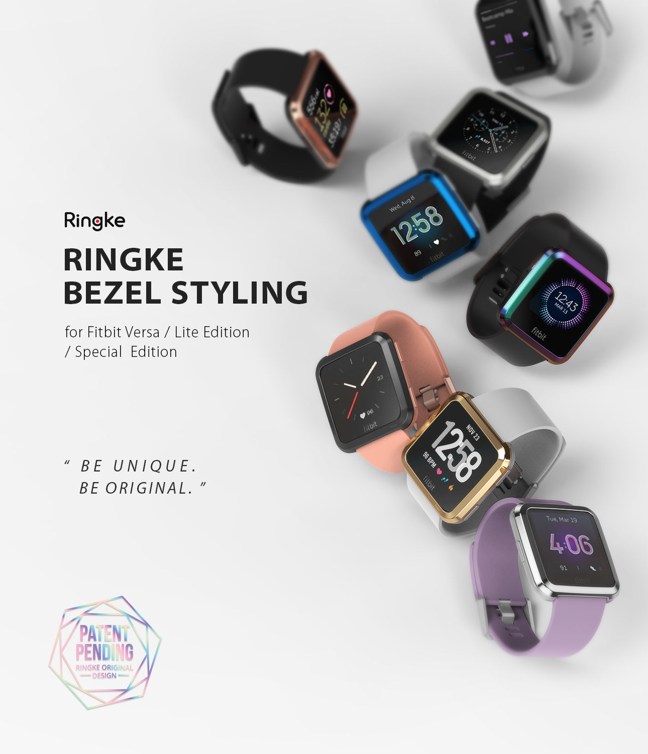 Fitbit Versa | Bezel Styling 04 - Multiple Fitbit Versa smartwatches with various colorful Ringke adhesive metal bezels.