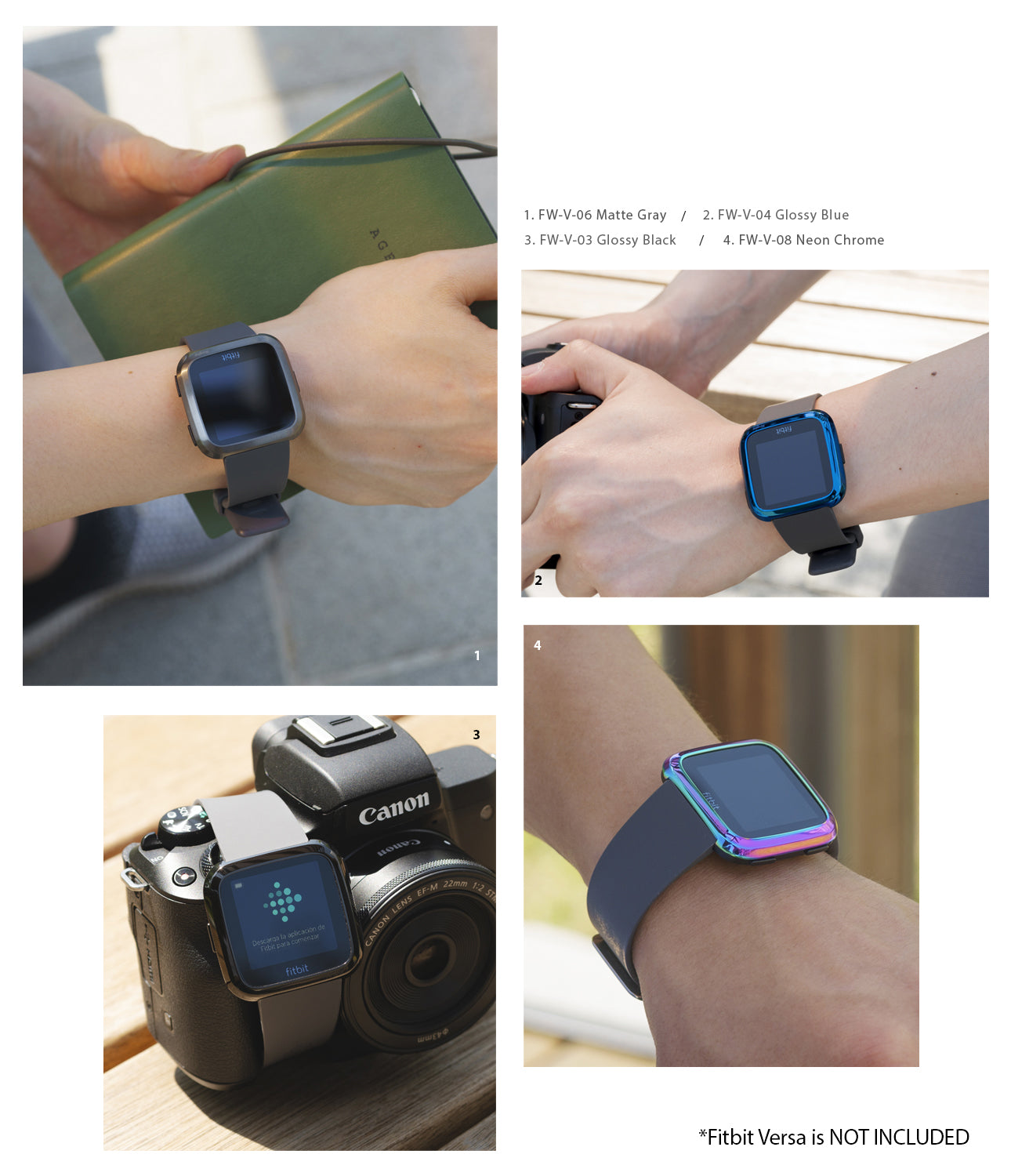 Fitbit Versa | Bezel Styling 03 - Four views of Fitbit Versa watches featuring matte gray, glossy blue, black, and neon chrome bezels.