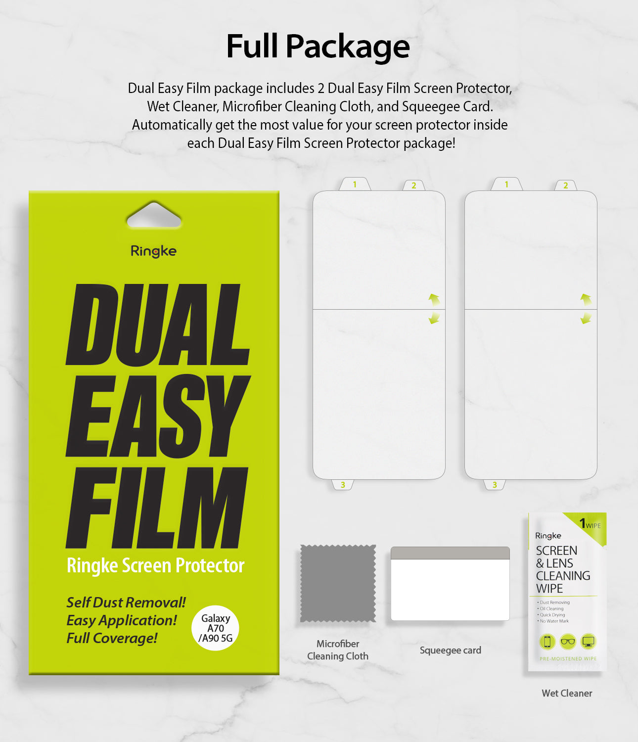 full package include 2 dual easy films, wipe, squeegee card, microfiber cleaning cloth