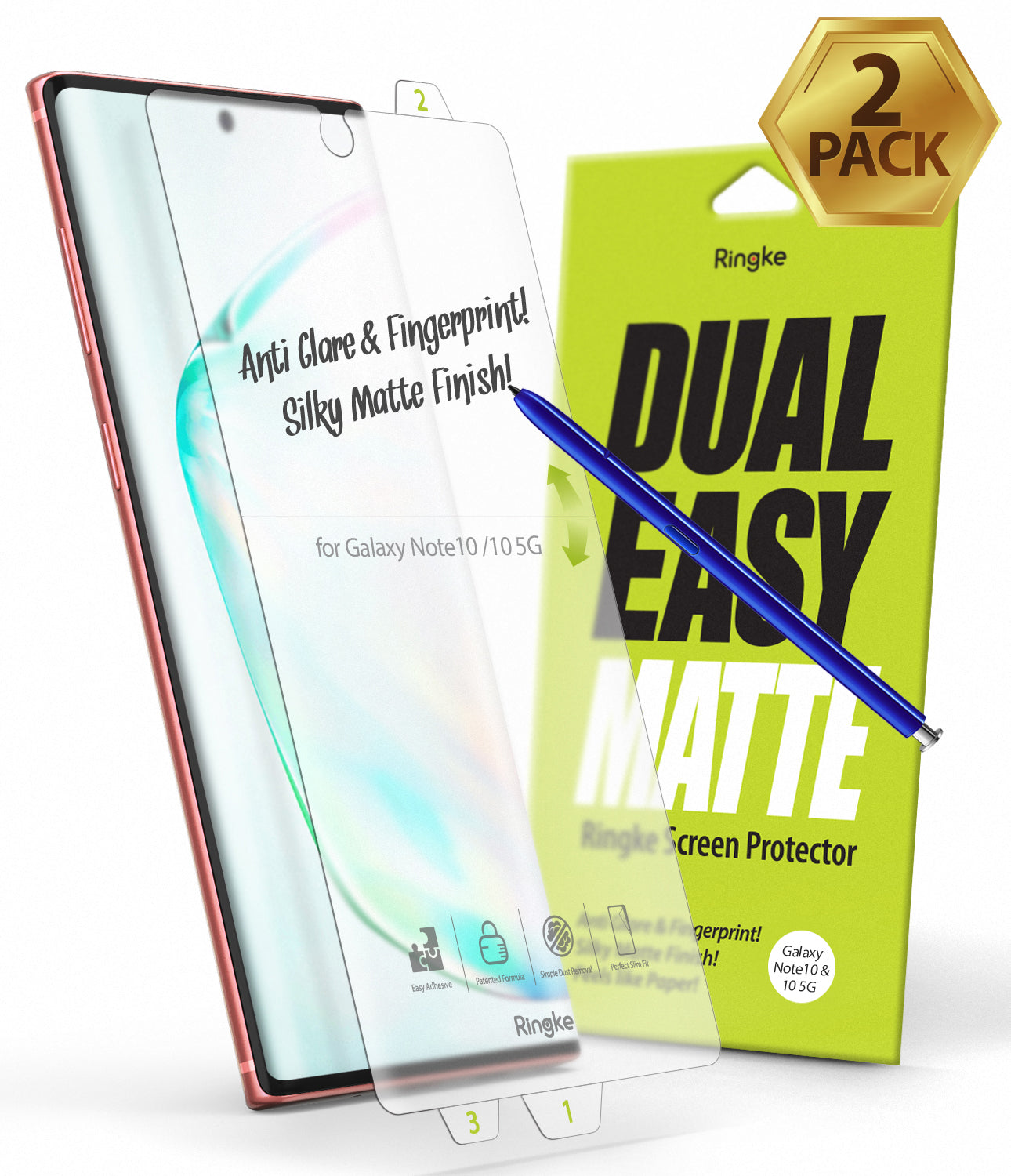 Galaxy Note 10 Screen Protector | Dual Easy Film Matte - Matte screen protector film with stylus over a Note 10.