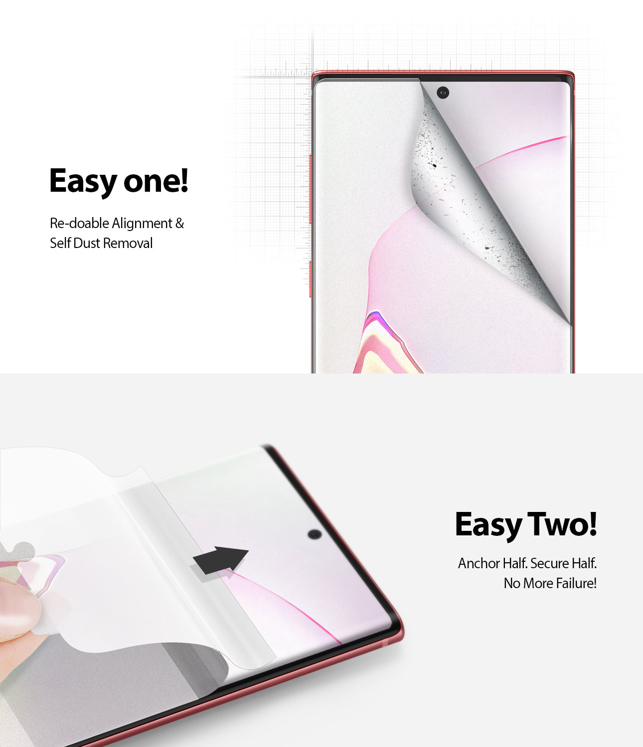 Galaxy Note 10 Screen Protector | Dual Easy Film Matte - Two-step installation guide for a matte screen protector.