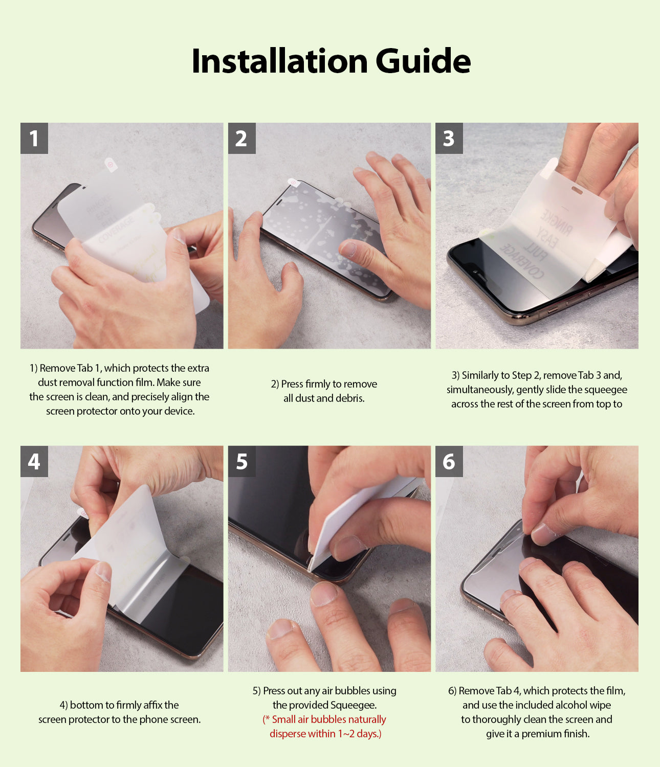 Galaxy Note 10 Screen Protector | Dual Easy Film Matte - Six-step visual guide showing hands applying a screen protector.