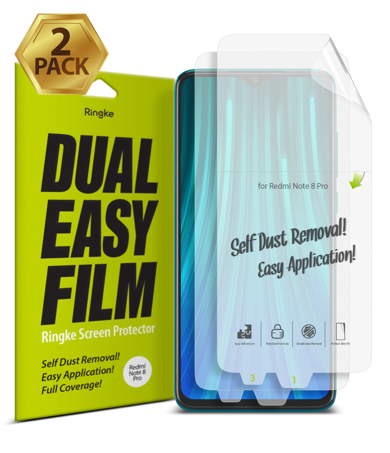 Redmi Note 8 Pro Screen Protector | Dual Easy Film - Redmi Note 8 Pro Screen Protector - Dual Easy Film packaging with a 2-pack screen protector applied to a smartphone.