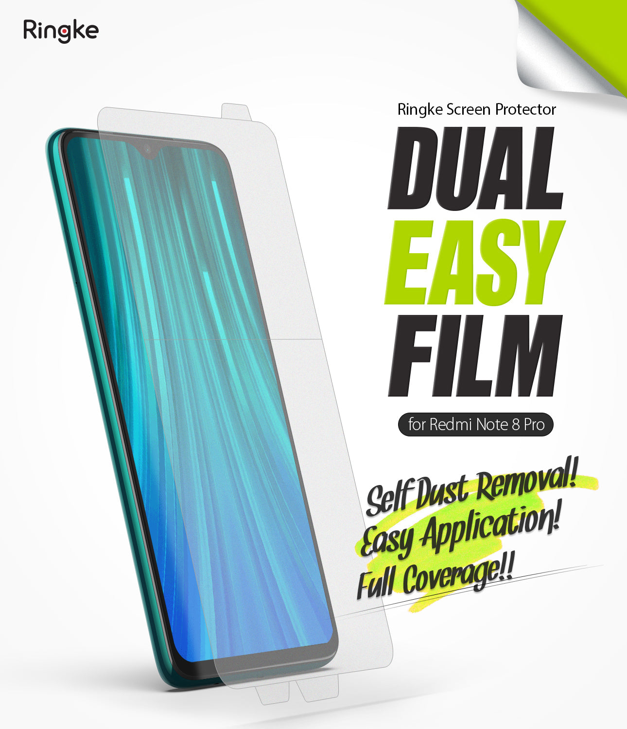 Redmi Note 8 Pro Screen Protector | Dual Easy Film - Transparent screen protector film hovering over a Redmi Note 8 Pro.