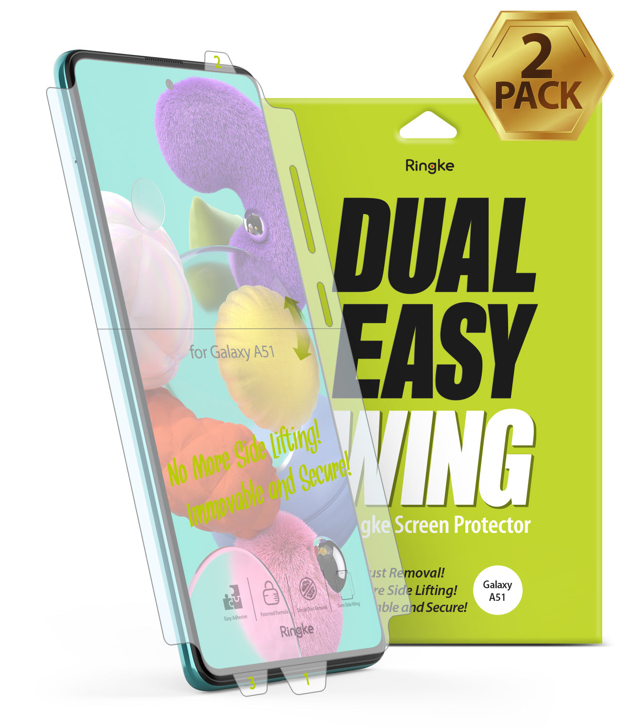 Galaxy A51 Screen Protector | Dual Easy Film Wing - Galaxy A51 Screen Protector - Dual Easy Film Wing screen protector for Galaxy A51 with 2-pack packaging and installation.