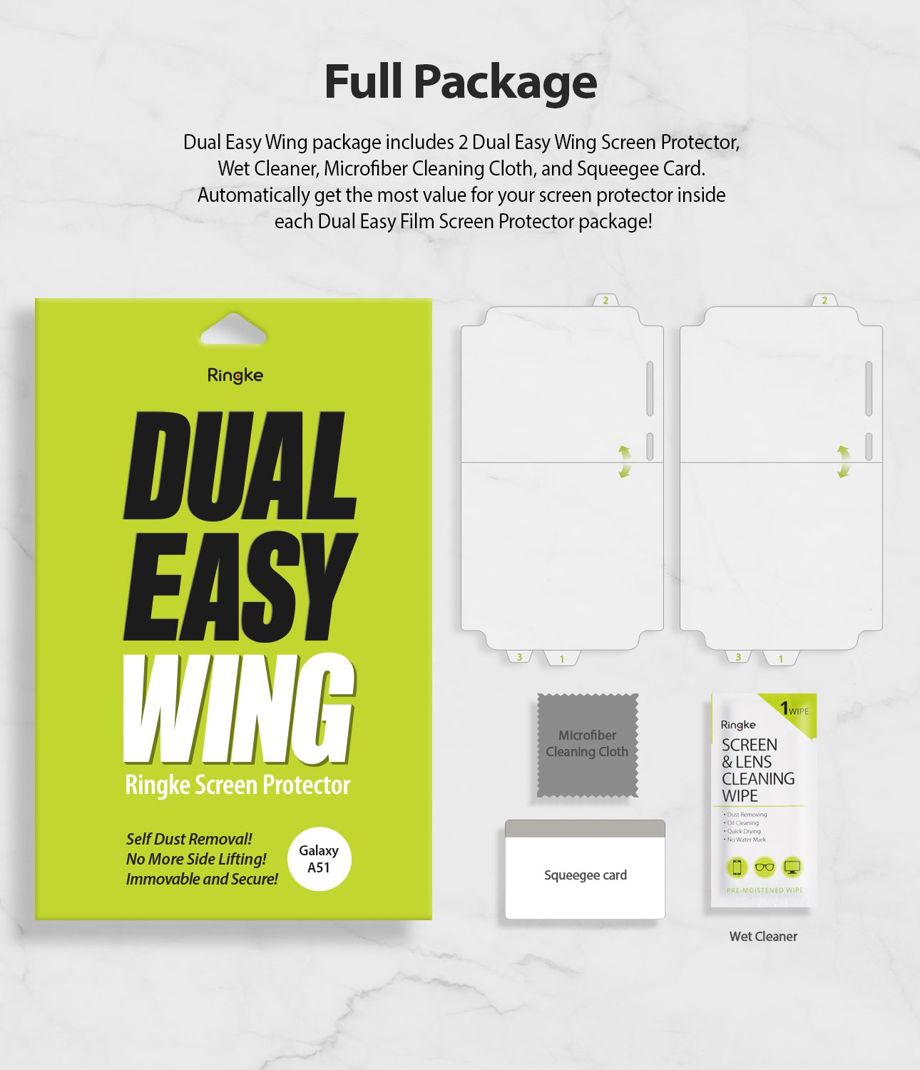 Galaxy A51 Screen Protector | Dual Easy Film Wing - Package contents including two screen protectors, cloth, squeegee, and wet wipe.