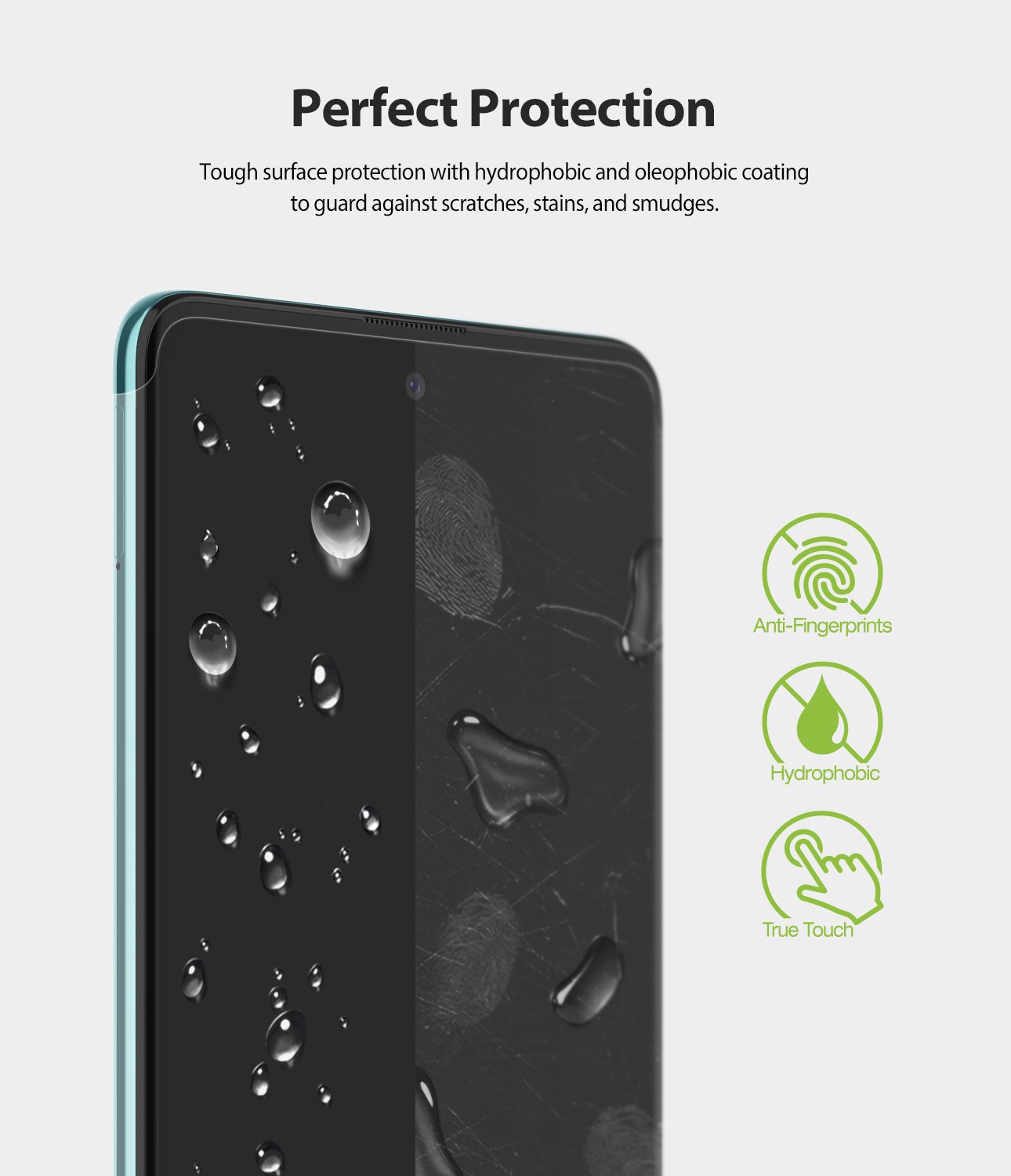 Galaxy A51 Screen Protector | Dual Easy Film Wing - Galaxy A51 Screen Protector - Smartphone screen showing water beads and smudge resistance with three feature icons.