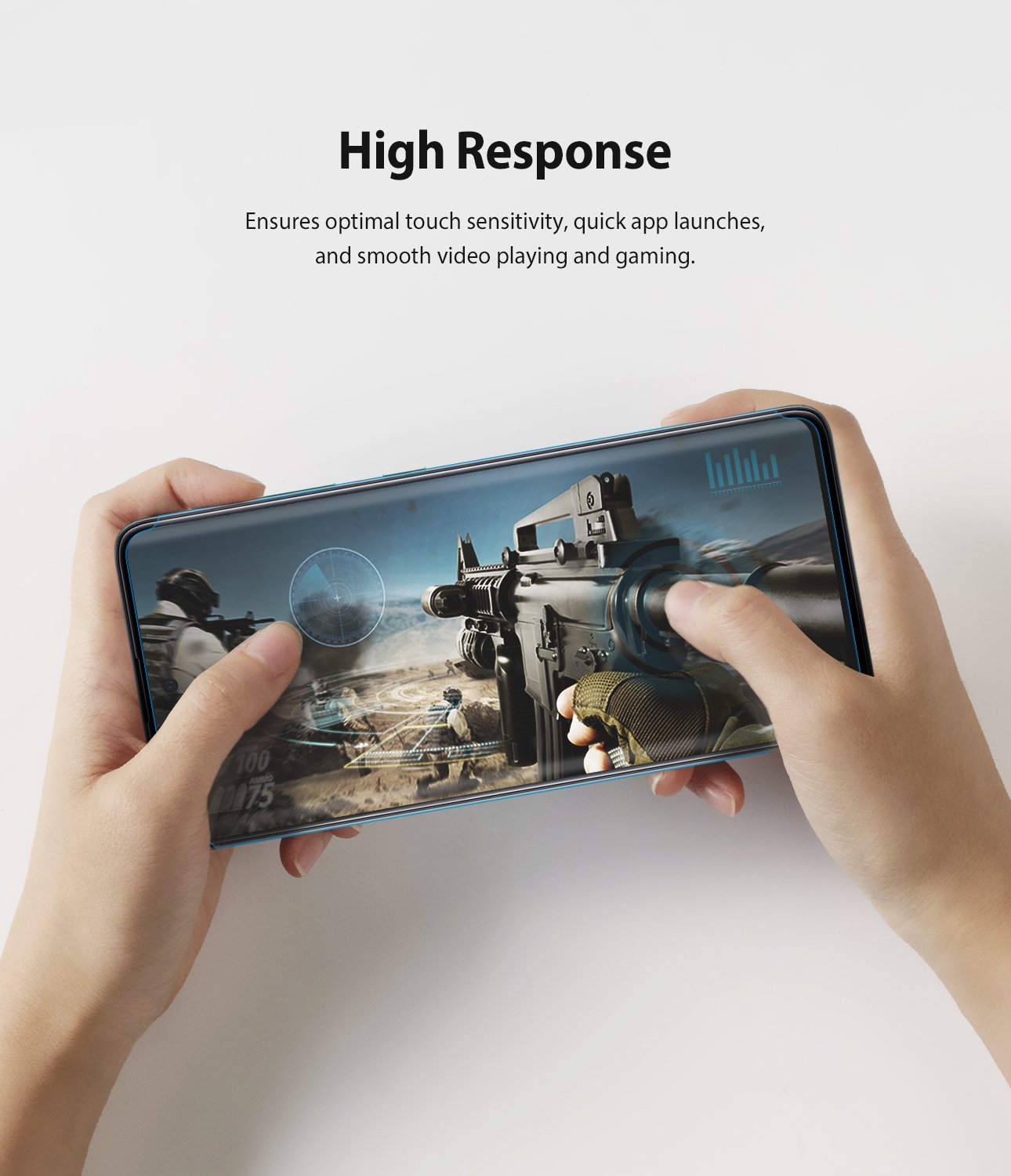 Galaxy A51 Screen Protector | Dual Easy Film Wing - Galaxy A51 Screen Protector - Hands holding a smartphone playing a first-person shooter game to demonstrate touch sensitivity.