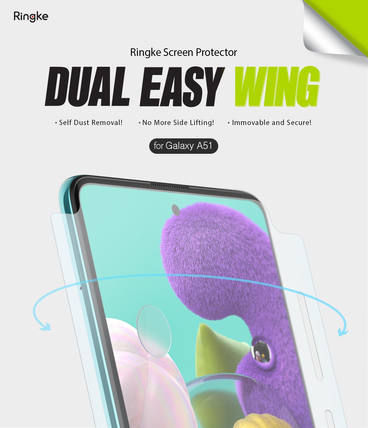 Galaxy A51 Screen Protector | Dual Easy Film Wing - Galaxy A51 Screen Protector - Ringke Dual Easy Wing film being applied to a Galaxy A51 screen with curved side wings.