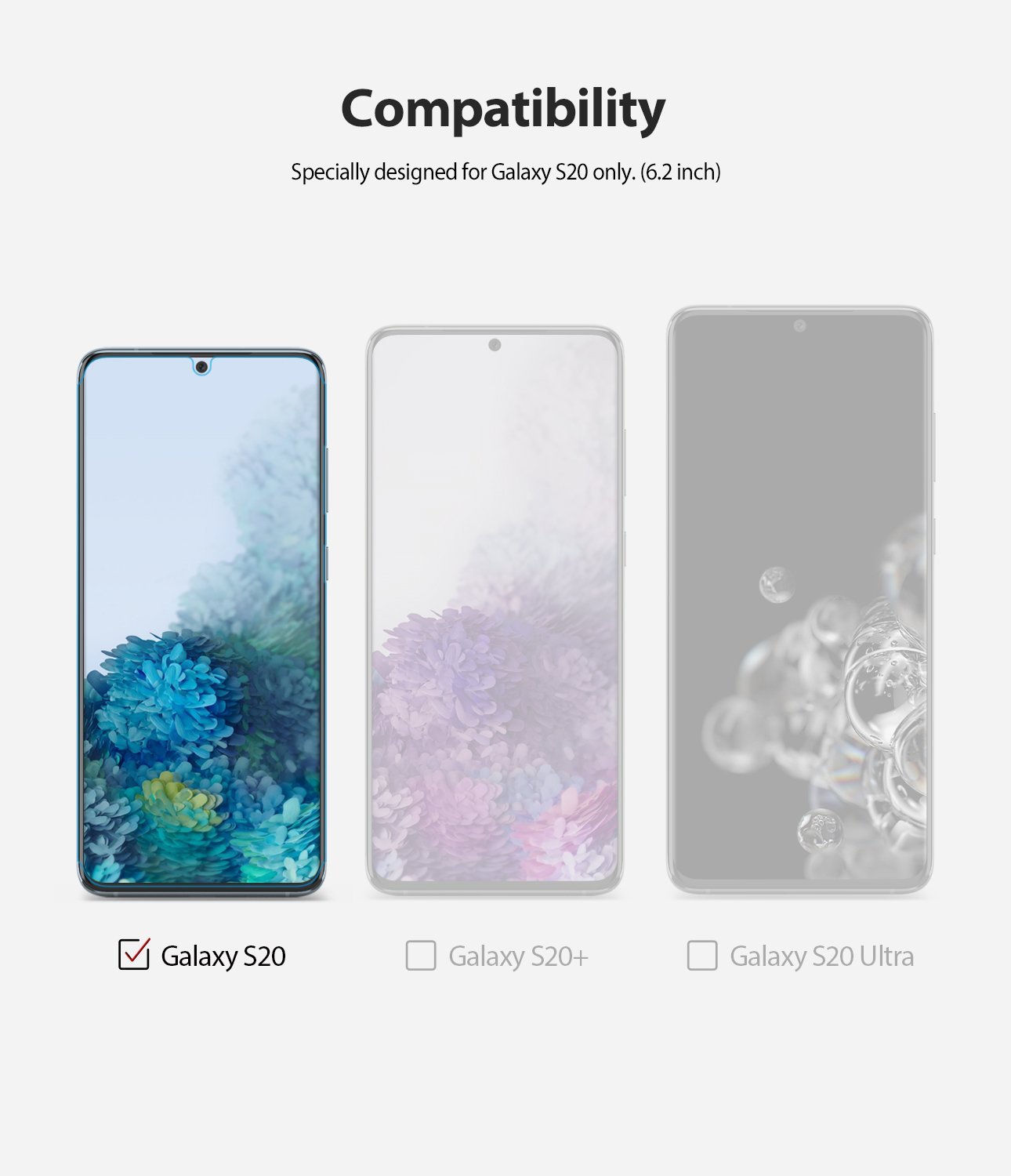 Galaxy S20 Screen Protector | Dual Easy Film - Compatibility chart showing Galaxy S20 selected over S20+ and S20 Ultra.