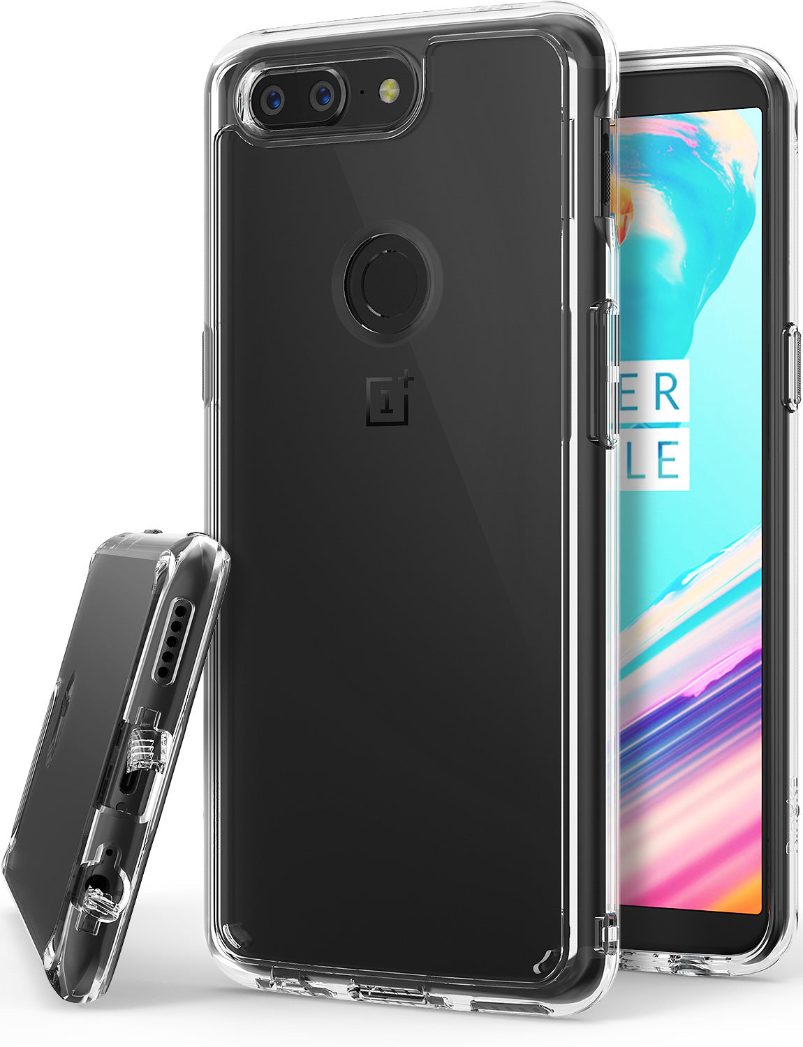 OnePlus 5T Case | Fusion - Clear protective phone case shown from back, front, and bottom angles on a white background.