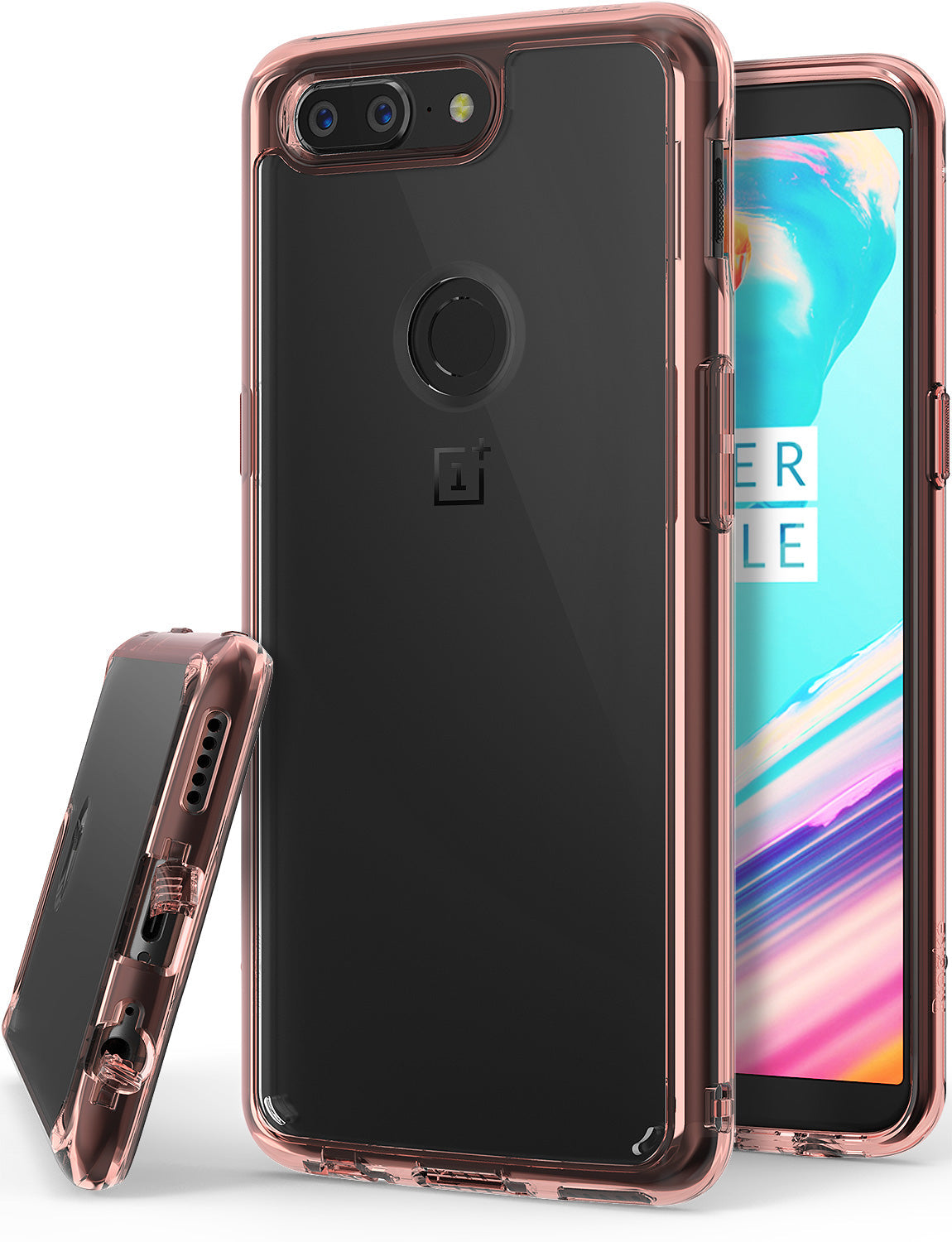 OnePlus 5T Case | Fusion - Rose gold clear phone case shown from back, front, and bottom angles on a white background.