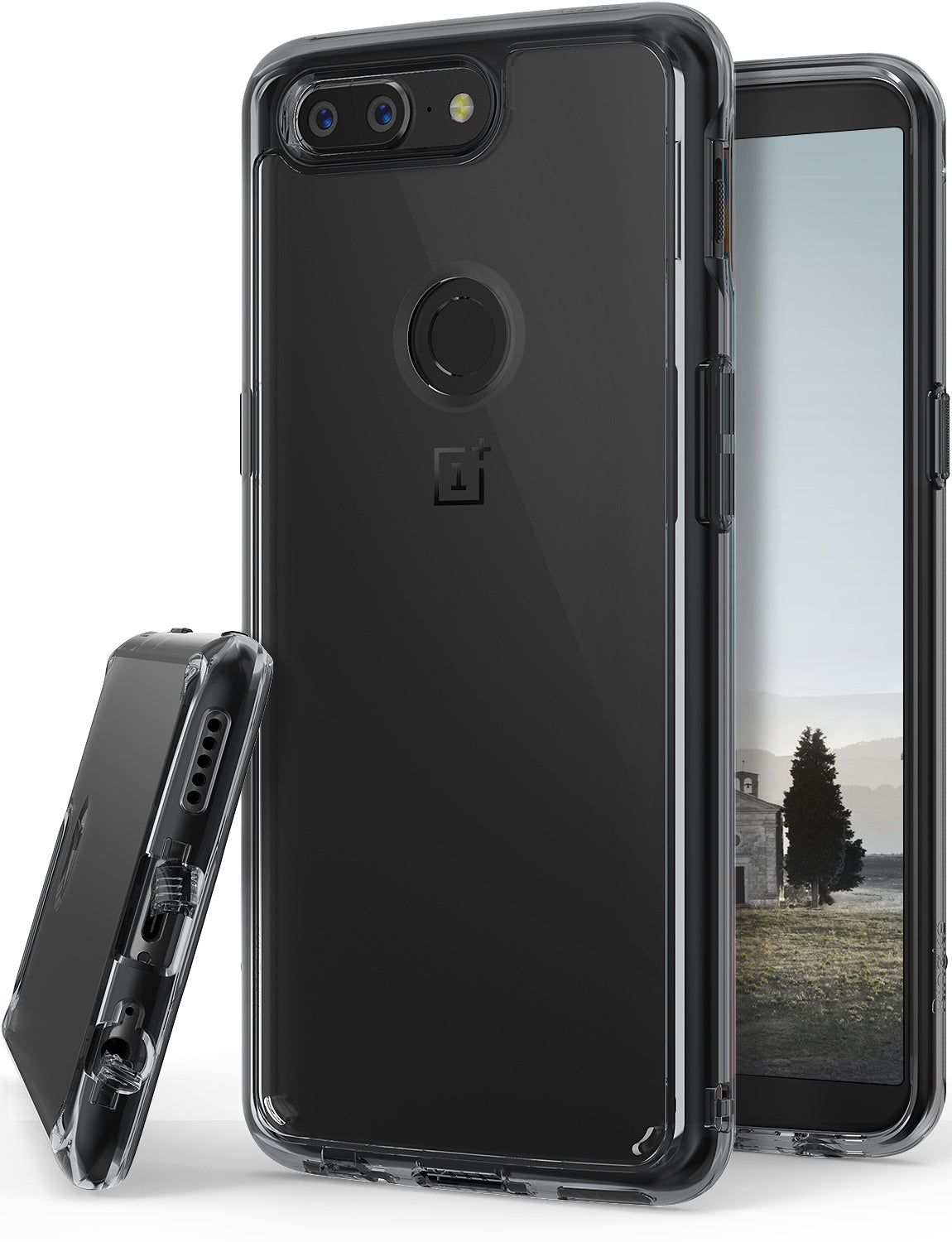OnePlus 5T Case | Fusion - Transparent smoke black protective phone case shown from back, side, and front angles.