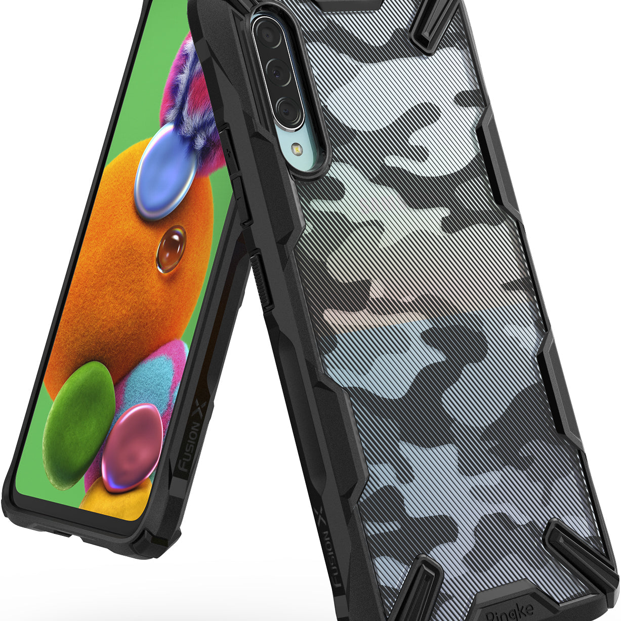 Galaxy A90 5G Case | Fusion-X - Black rugged phone case with camo back pattern and reinforced corners on a smartphone.