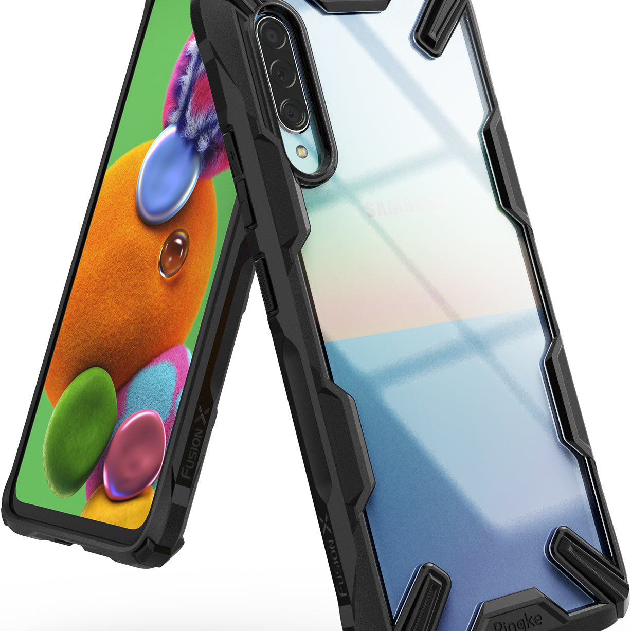 Galaxy A90 5G Case | Fusion-X - Black rugged protective case with clear back panel shown from front and rear angles.