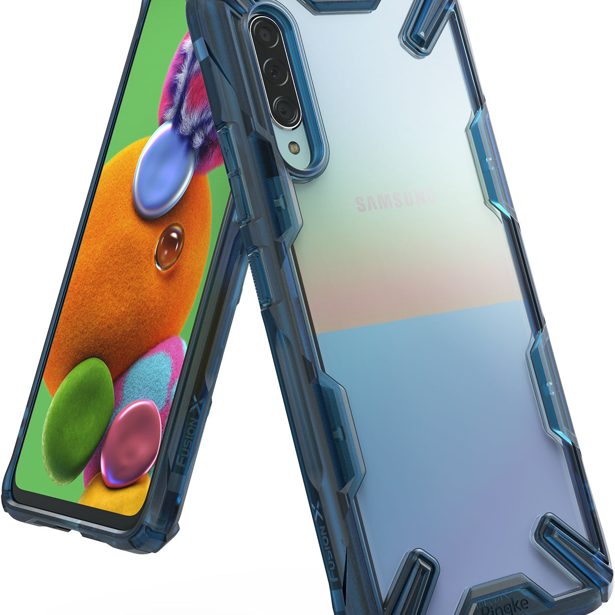 Galaxy A90 5G Case | Fusion-X - Blue rugged transparent phone case on a Samsung Galaxy A90 5G with a colorful screen display.