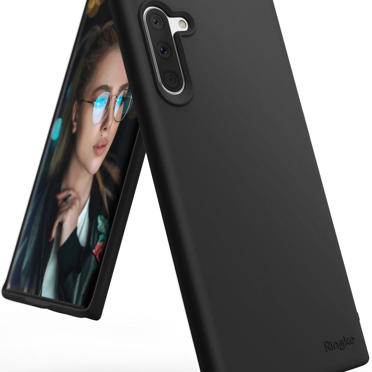 Galaxy Note 10 Case | Air-S - Matte black phone case shown from back and front, displaying camera cutout and Ringke branding.