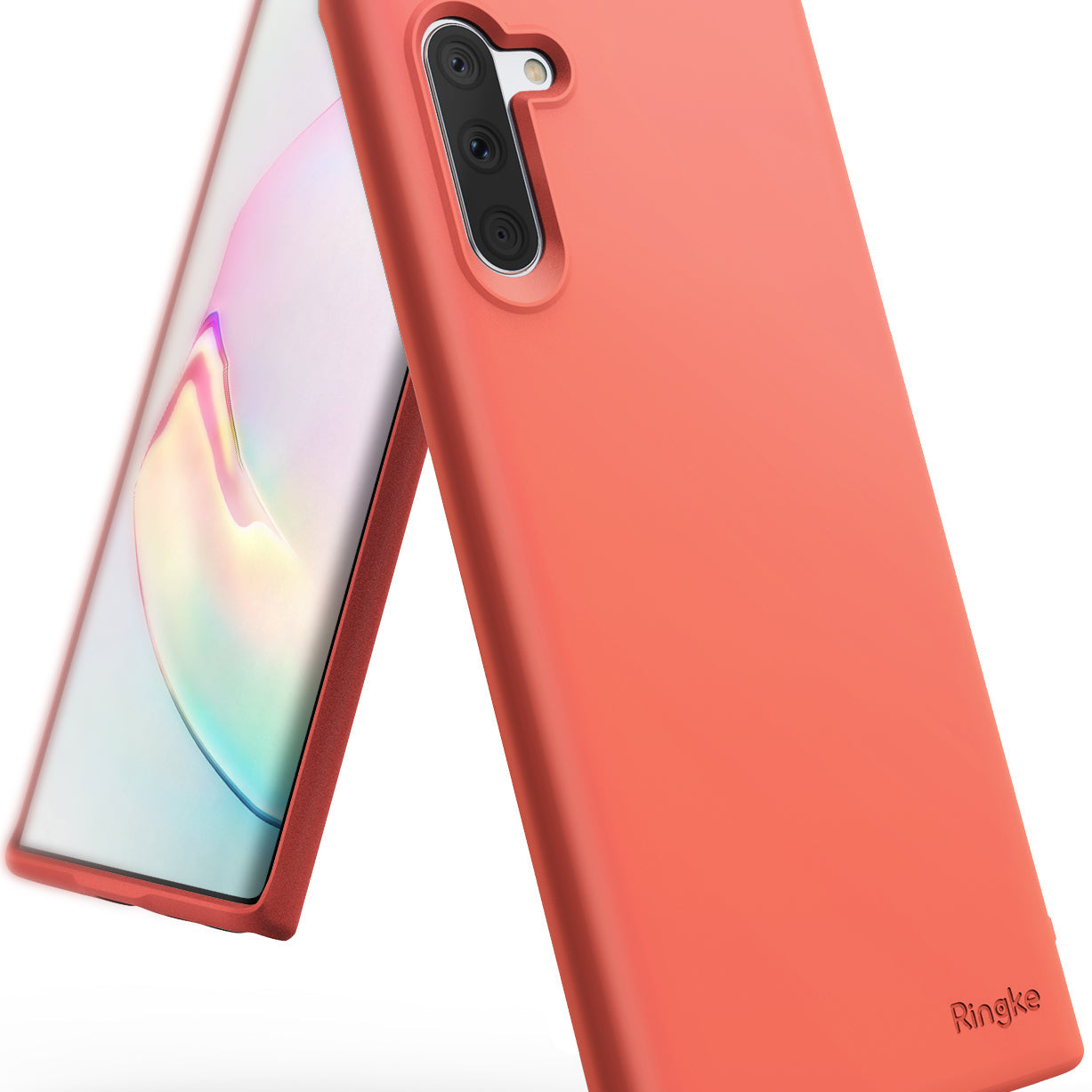 Galaxy Note 10 Case | Air-S - Coral-colored slim phone case on a Galaxy Note 10, showing back camera cutout and front screen.