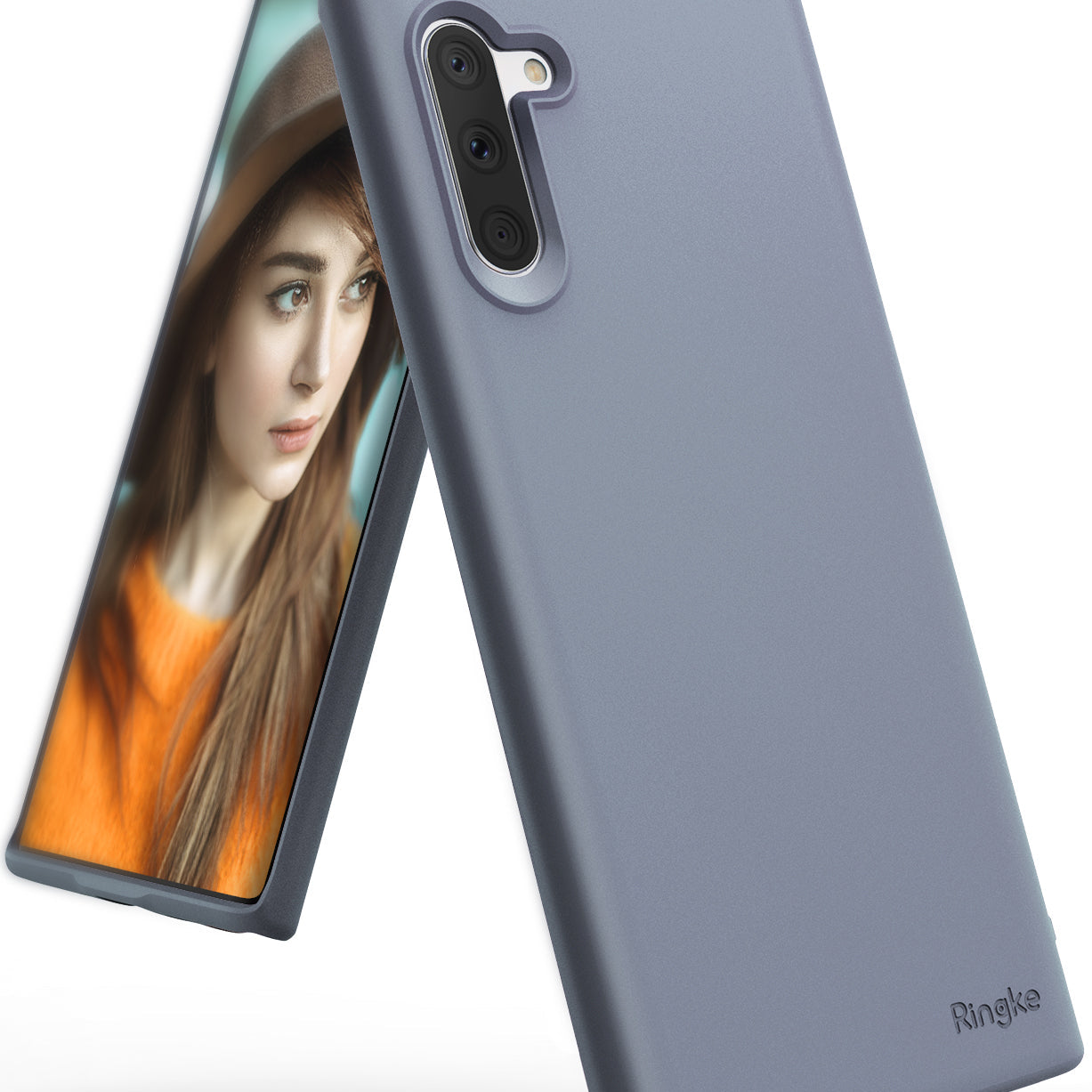 Galaxy Note 10 Case | Air-S - Lavender gray phone case shown from back and front with a woman on the screen.
