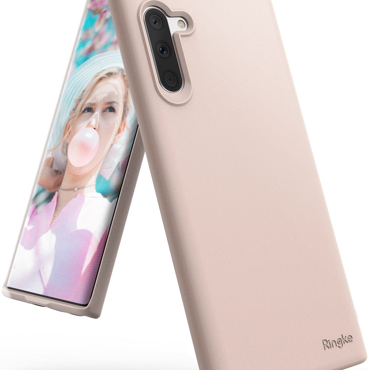 Galaxy Note 10 Case | Air-S - Pink Sand slim phone case on a Galaxy Note 10 displaying a woman blowing a bubblegum bubble.