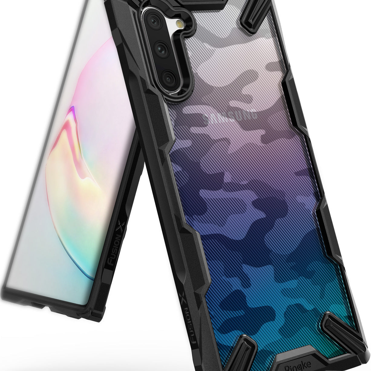 Galaxy Note 10 Case | Fusion-X - Black rugged phone case with a blue-to-purple gradient camo back and a clear screen view.