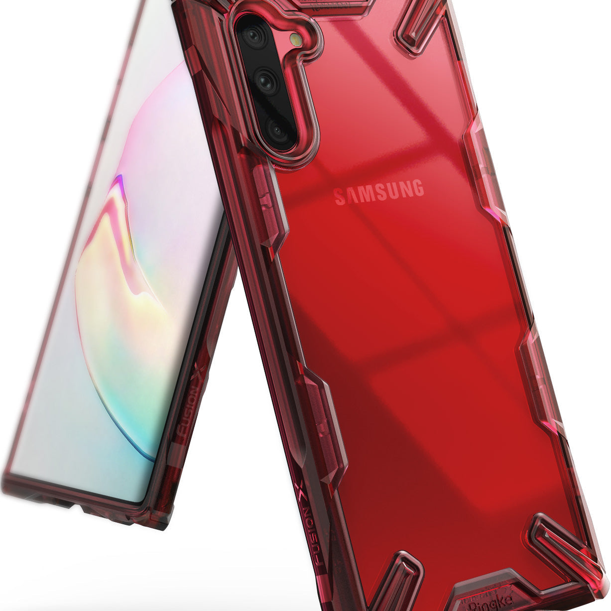 Galaxy Note 10 Case | Fusion-X - Ruby red transparent protective case on a Samsung Galaxy Note 10 smartphone.