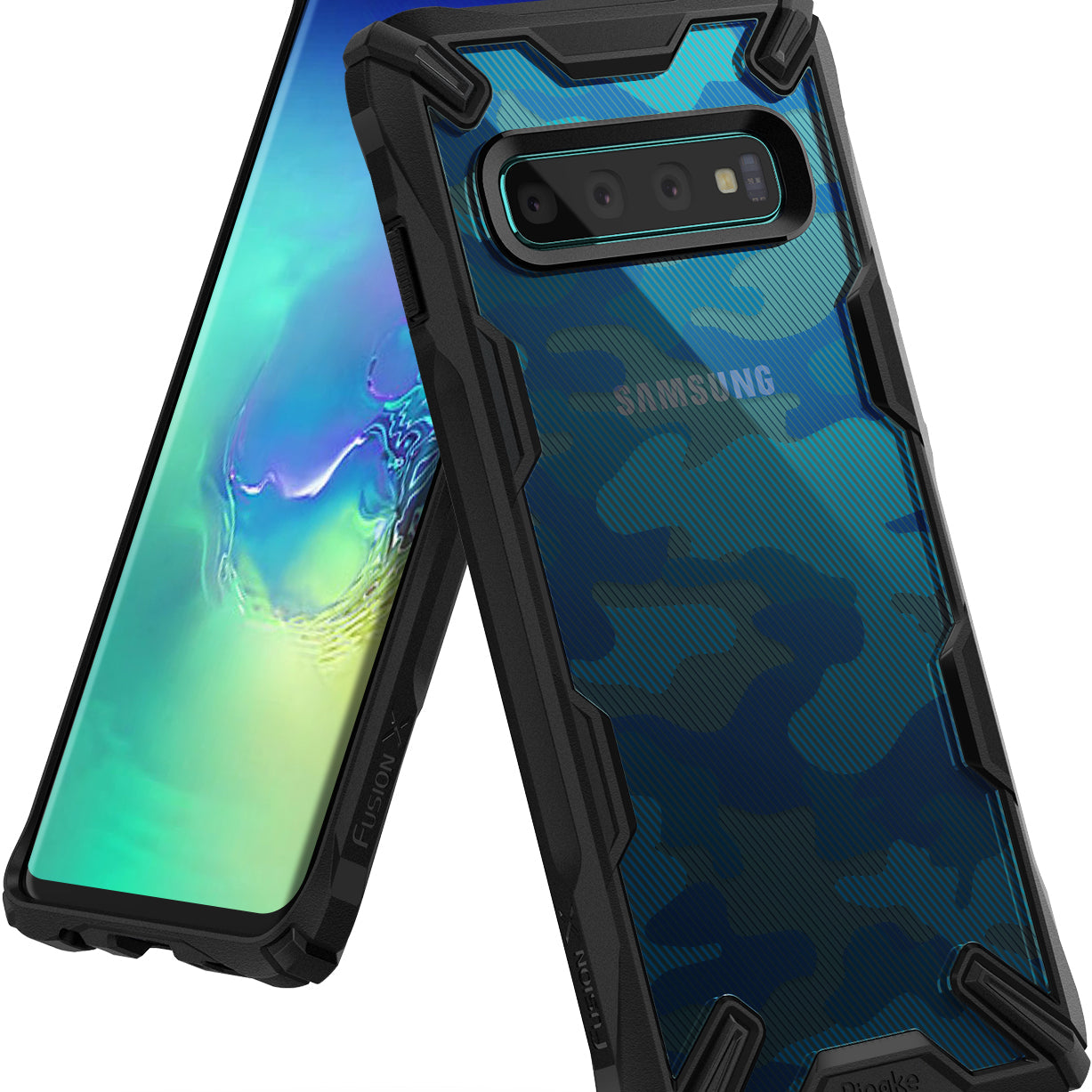 Galaxy S10 Case | Fusion-X Design - Blue camo phone case with black rugged bumper frame on a Samsung Galaxy S10.