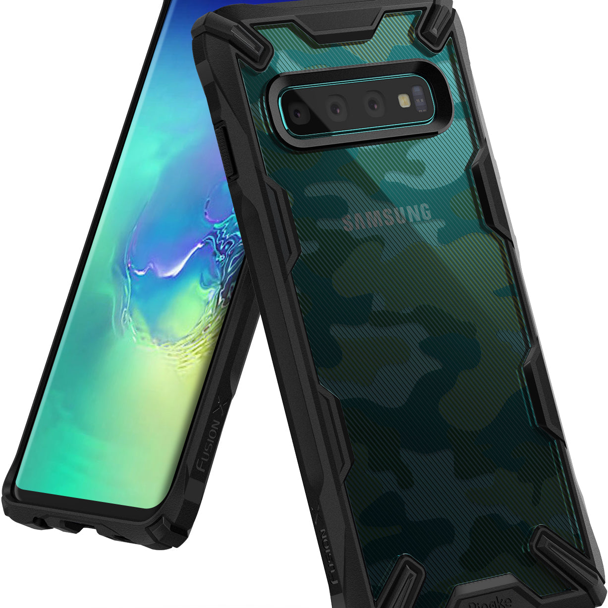 Galaxy S10 Case | Fusion-X Design - Rugged black protective case with green camo back on a Galaxy S10 smartphone.