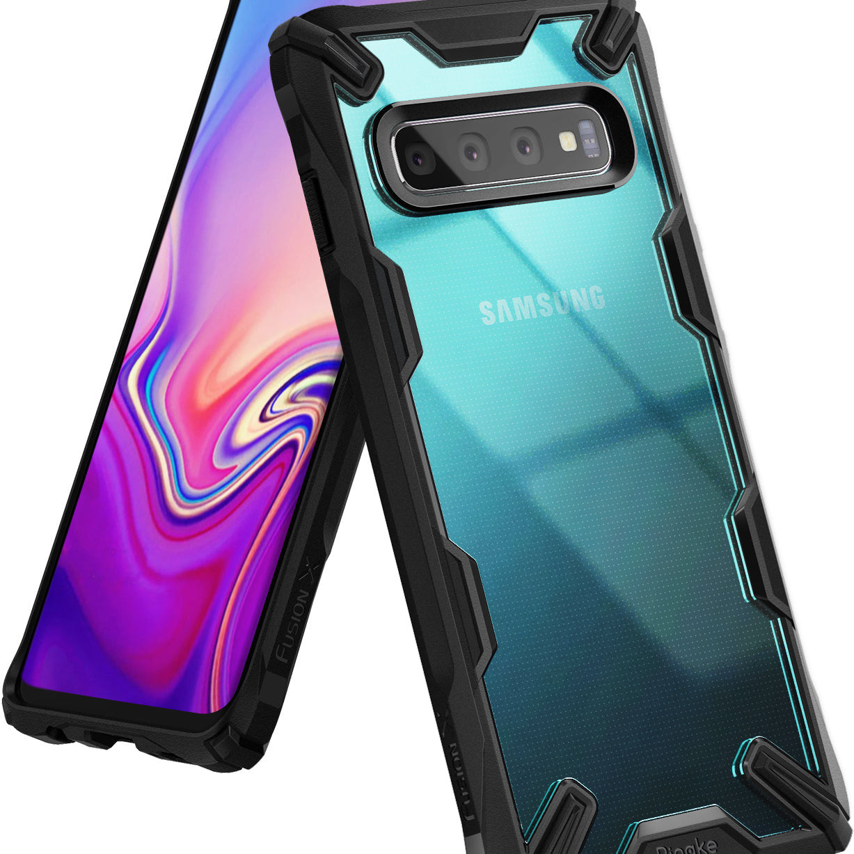 Galaxy S10 Case | Fusion-X - Black rugged protective case with clear back on a Samsung Galaxy S10 Plus smartphone.