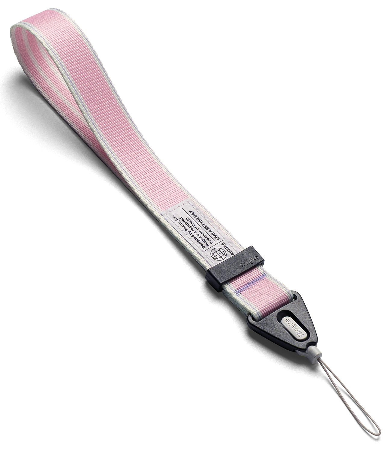 Pink and gray strap with a carabiner on a white background