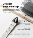 Camera strap with buckle and Ringke strap on a white background, featuring text about the product.