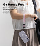 Person using a hand strap to secure a smartphone, with text promoting hands-free convenience.