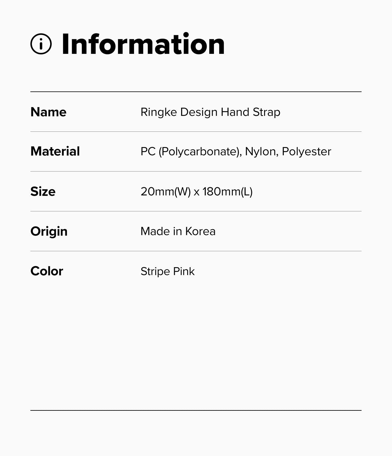 Product information card for Ringke Design Hand Strap with details on name, material, size, origin, and color.