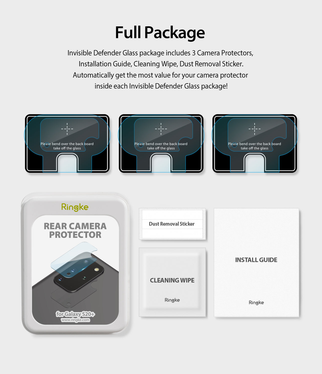 full package includes 3 camera lens protector, one cleaning wipe, one dust removal sticker, and installation guide